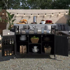 Îlot de cuisine d'extérieur Okak avec plateau en acier inoxydable, chariot de cuisine en bois avec portes, étagères et porte-épices, îlot de cuisine roulant