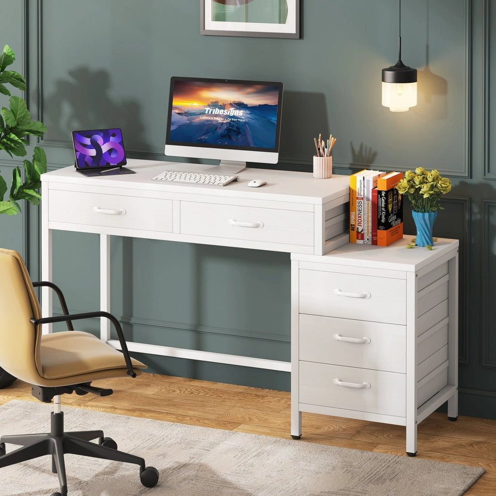 Bureau d'ordinateur réversible avec 5 tiroirs, bureau de travail à domicile avec caisson de rangement pour dossiers et support pour imprimante