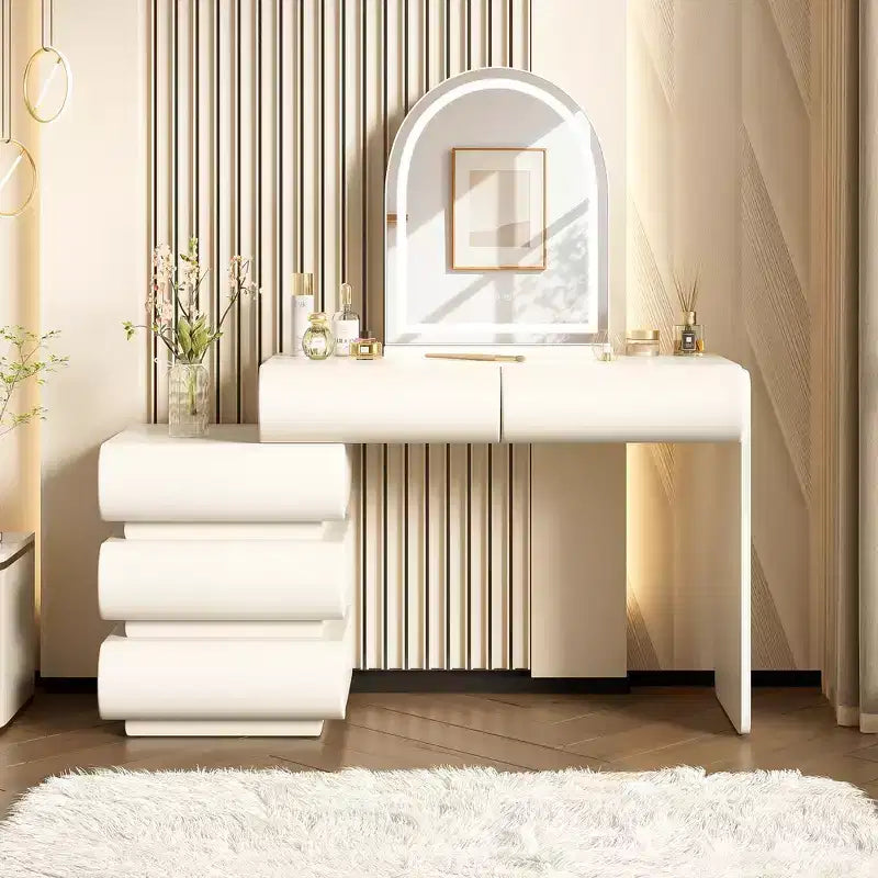Coiffeuse de Luxe Whisen avec Miroir, Meuble Coiffeuse avec Armoire Latérale Mobile, 6 Tiroirs de Rangement et Tabouret