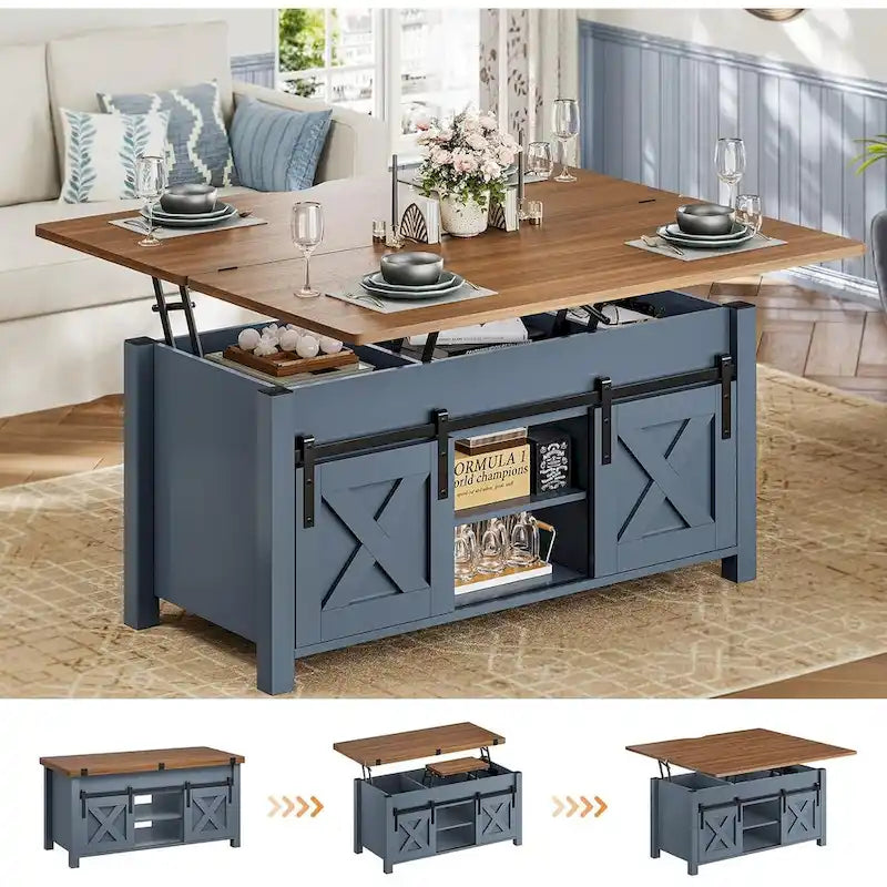 Table basse relevable avec 2 portes de grange coulissantes et rangement