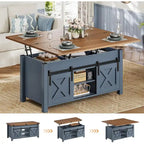 Table basse relevable avec 2 portes de grange coulissantes et rangement