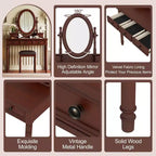 Coiffeuse vintage en bois Okak avec miroir inclinable, coiffeuse avec 5 tiroirs et tabouret rembourré, coiffeuse pour chambre à coucher