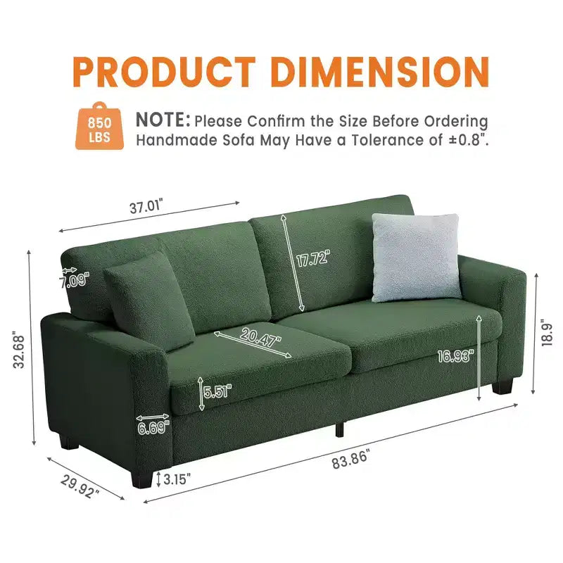 Canapé moderne 3 places de 83 po avec assise profonde, tissu doux, accoudoirs larges, housse de coussin amovible et lavable