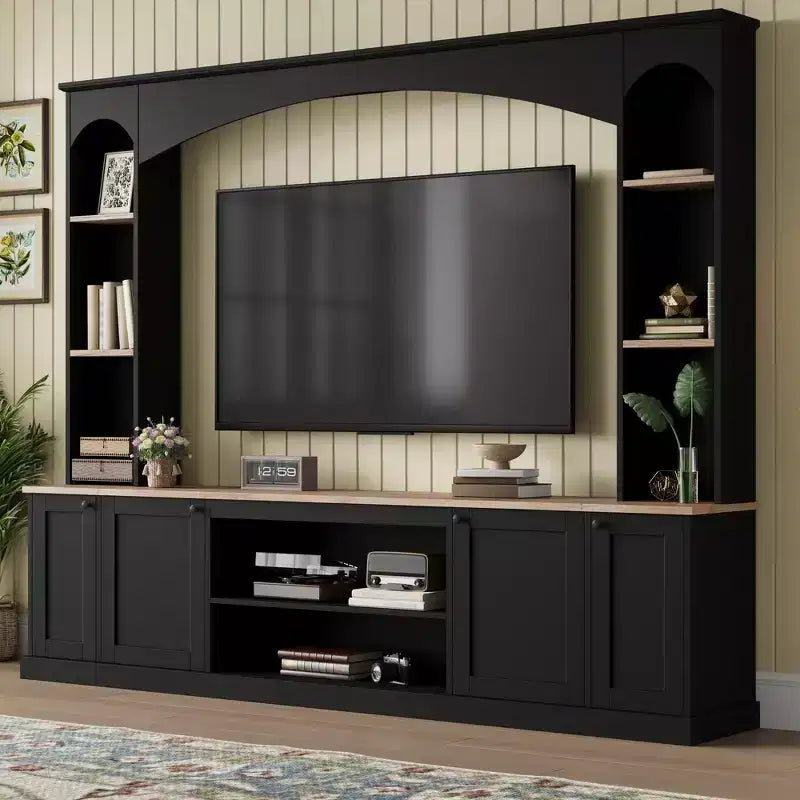 Meuble TV Whisen 91, meuble de rangement mural arqué, meuble TV de style ferme avec étagères, grain de bois pour téléviseurs jusqu'à 70 pouces