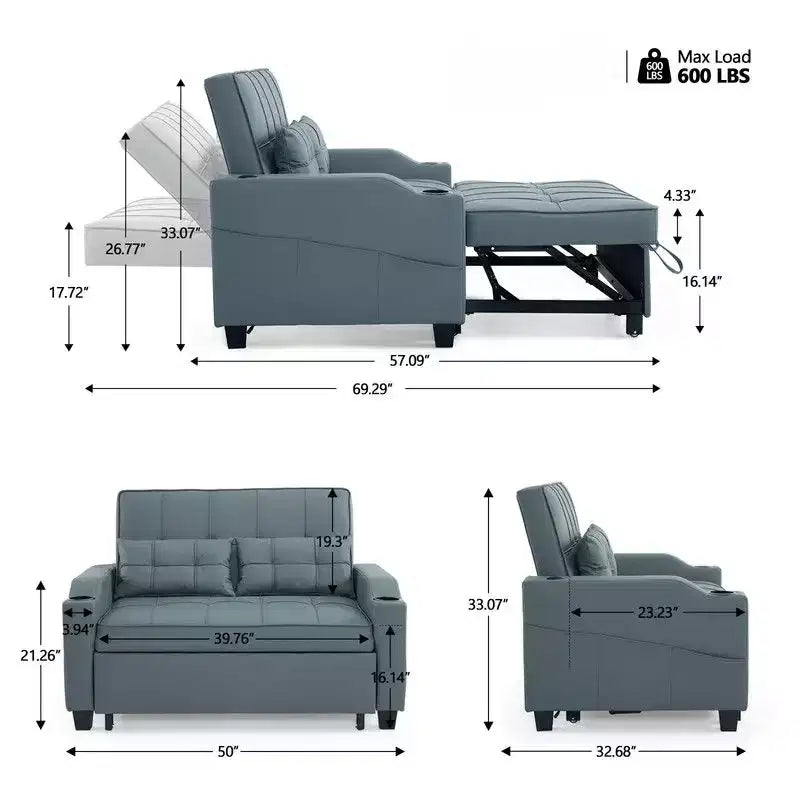 Canapé-lit convertible inclinable en cuir rembourré « Cats Claw » avec coussins pour petits espaces