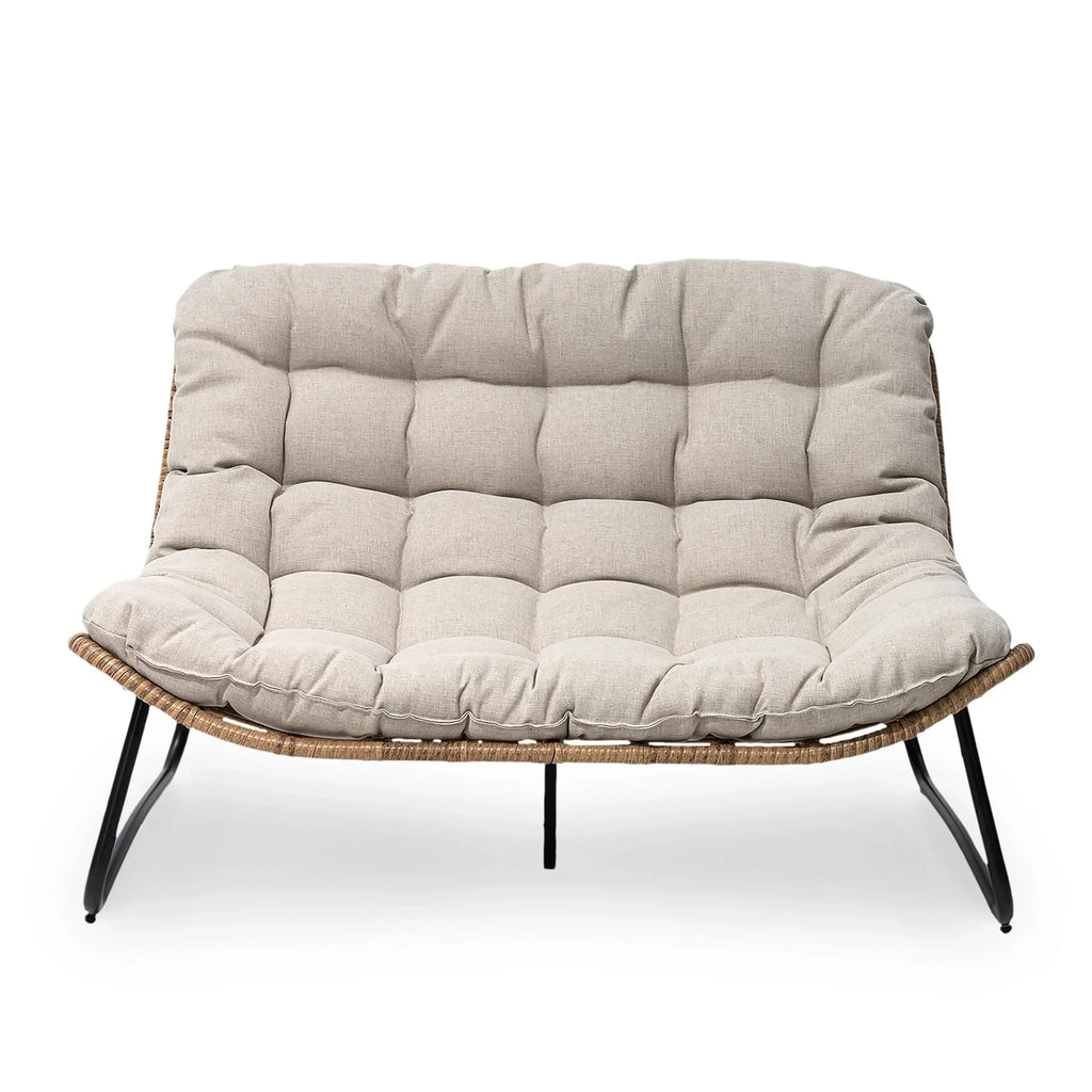 Causeuse double Papasan avec coussin, rotin PE tout temps et cadre en métal pour l'intérieur et l'extérieur