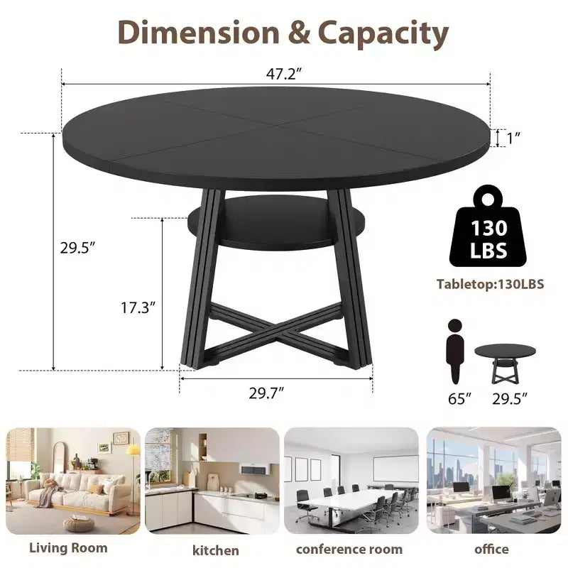Table de salle à manger ronde pour 4 à 6 personnes, table de cuisine de 120 cm avec étagère de rangement, table à manger en bois avec base en métal pour salon, sans chaises