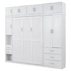 Lit escamotable moderne blanc pleine grandeur avec tiroirs, casiers et armoires