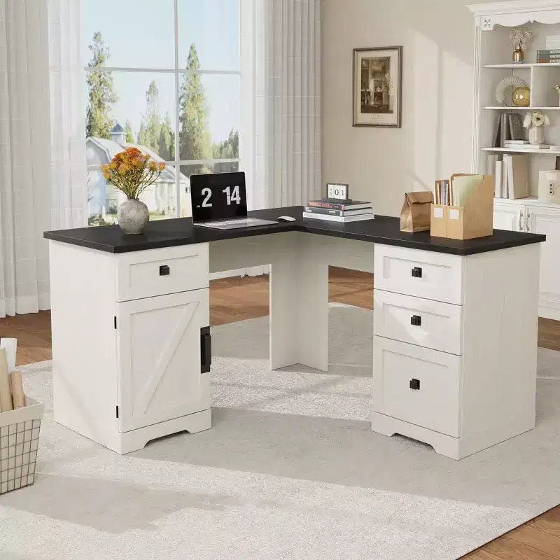 Bureau de direction d'angle en L style ferme de 60 pouces avec tiroir classeur, meuble de rangement et étagère réglable