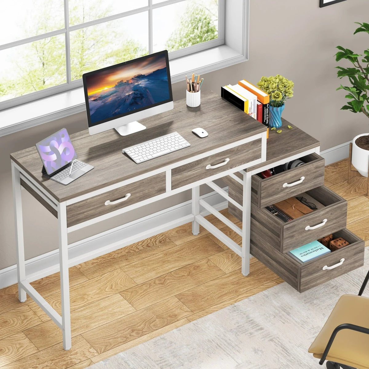 Bureau d'ordinateur réversible avec 5 tiroirs, bureau de travail à domicile avec caisson de rangement pour dossiers et support pour imprimante