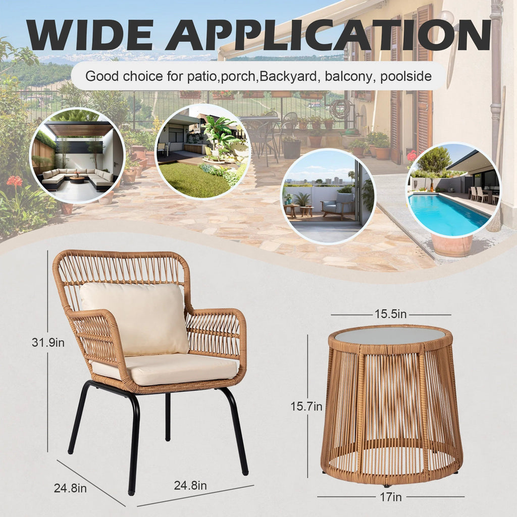 Ensemble bistrot 3 pièces en osier pour conversation, salon de jardin en rotin résistant aux intempéries avec coussins
