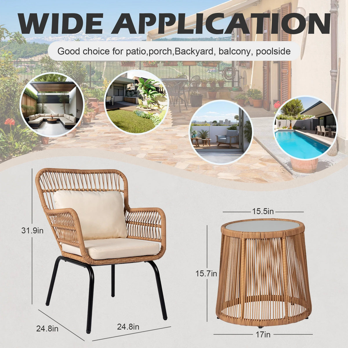 Ensemble bistrot 3 pièces en osier pour conversation, salon de jardin en rotin résistant aux intempéries avec coussins