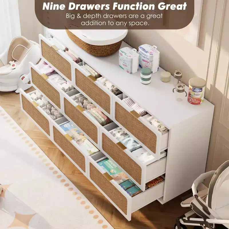 Commode en rotin pour la chambre, meubles à tiroirs grande capacité pour le rangement, adaptés au salon, à l'entrée et à la chambre d'enfant.