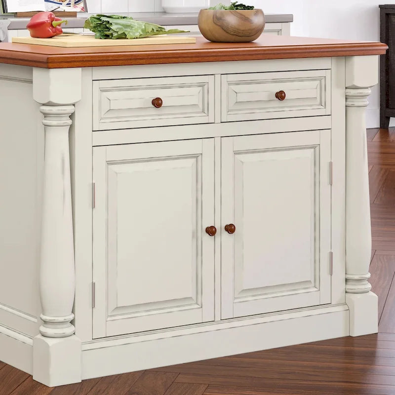 Ensemble îlot de cuisine 3 pièces Homestyles Monarch en bois blanc cassé avec plateau en bois à abattant - 48 x 25 x 36