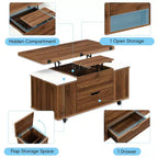 Table basse relevable multifonctionnelle et moderne avec rangement dissimulé, 4 tabourets et roulettes, parfaite pour les espaces de vie modernes.