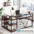 Bureau d'angle en L avec tiroir, bureau d'angle pour la maison avec étagères de rangement et support d'écran, bureau rustique pour petit espace
