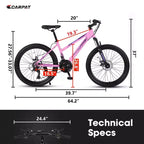 VTT Okak 24/26 pouces avec 21 vitesses et double freins à disque, vélo pour enfants avec suspension avant de 100 mm, Dirt Bike pour adolescents et femmes