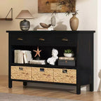 Console de table d'entrée avec rangement, table de couloir de style ferme avec 3 tiroirs et 3 paniers en jacinthe d'eau pour salon ou hall d'entrée - Panipeachy