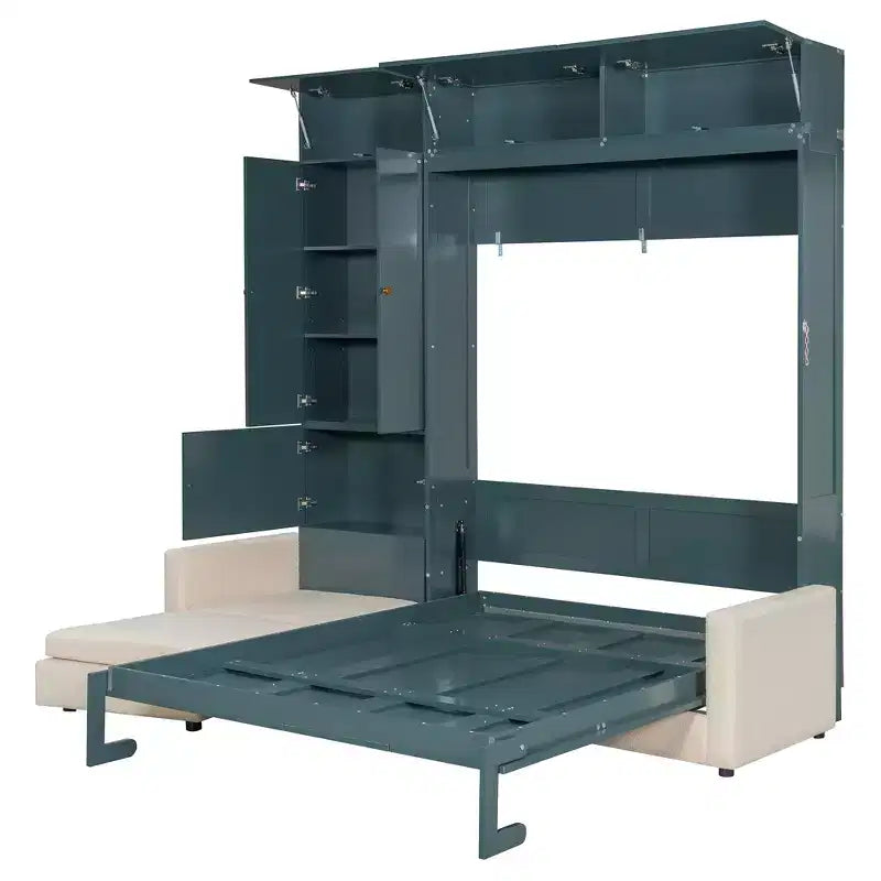 Lit escamotable Queen size avec canapé et armoire, Lit mural Queen en bois avec étagères, Lit escamotable pour chambre d'amis ou bureau