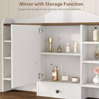 Coiffeuse 10 tiroirs avec miroir, finition noyer avec 10 étagères et tabouret, pour chambre à coucher, montage facile