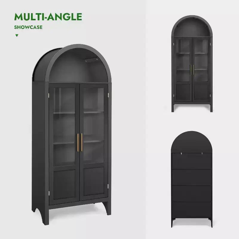 Meuble de rangement haut cintré de 71 po avec 2 portes en acrylique et étagères pour salon