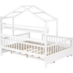 Acekool Lit cabane grandeur nature avec lit gigogne double, tiroirs de rangement et étagères, toit et clôture, lit plateforme pour enfants, blanc
