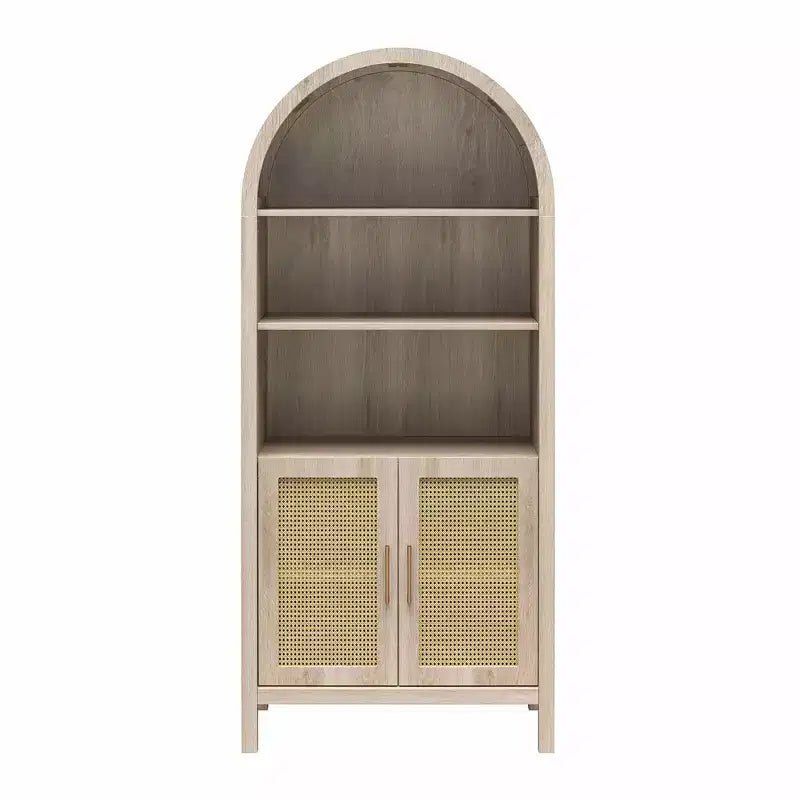 Meuble de Rangement Bohème à Arches avec 2 Portes en Faux Rotin, 5 Étagères Réglables pour Salon, Cuisine, Beige