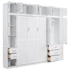 Lit escamotable moderne blanc pleine grandeur avec tiroirs, casiers et armoires