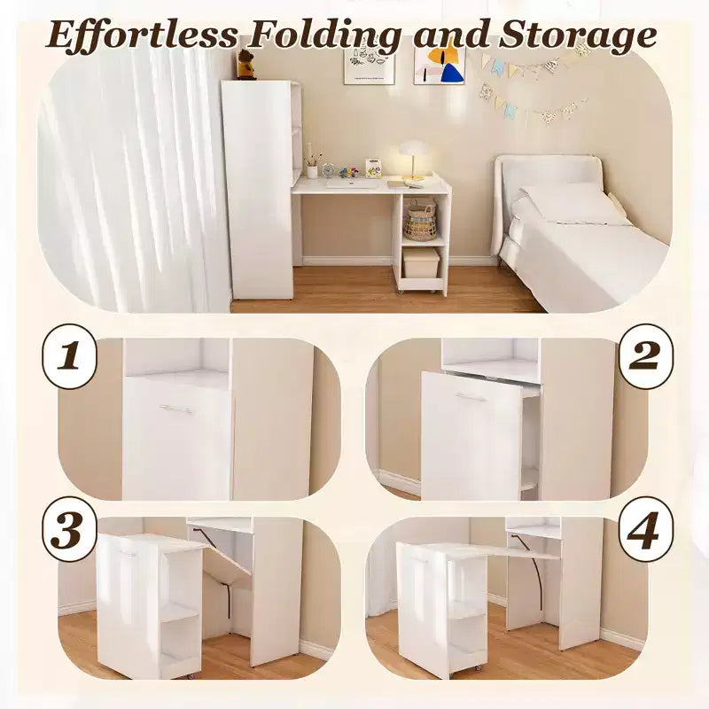 TUYOHW Bureau extensible, bureau pliable pour la maison et le bureau avec étagères de rangement et roulettes, poste de travail mobile pour petits appartements, bureaux