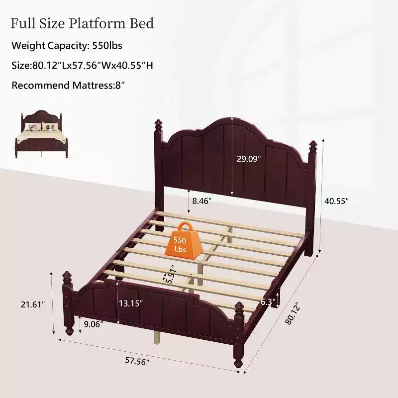 Cadre de lit plateforme Queen vintage - Pin massif, tête de lit en MDF, pas besoin de sommier