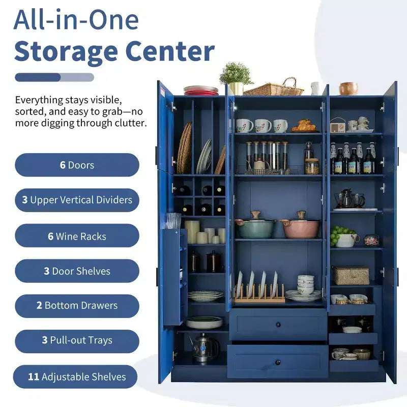 Armoire de rangement de cuisine sur pied Whisen 71H, grand buffet de salle à manger avec 6 portes et étagères réglables