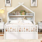 Lit cabane en bois ModernLuxe (taille lit simple/double) avec tête de lit de rangement, cadre de lit pour enfants en pin massif avec barrières de sécurité