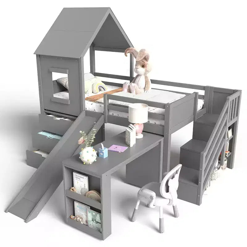 Lit mezzanine simple avec 3 tiroirs et escalier de rangement, structure cabane en bois avec toboggan et bureau amovible