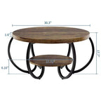 Table basse industrielle ronde de 30 pouces à 2 niveaux avec pieds réglables, étagère à grain de bois, motif flamme, assemblage facile, salon