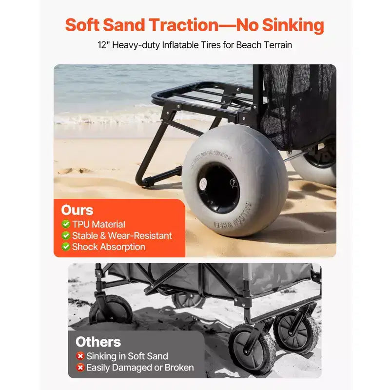 Chariot de plage VEVOR avec grandes roues pour le sable, plateau de chargement de 45,7 x 38,1 cm, chariot de plage pliable avec roues ballon de 30,5 cm, capacité de charge de 75 kg, noir