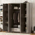 Armoire 4 portes en bois avec tringle, 1 tiroir et étagères de rangement
