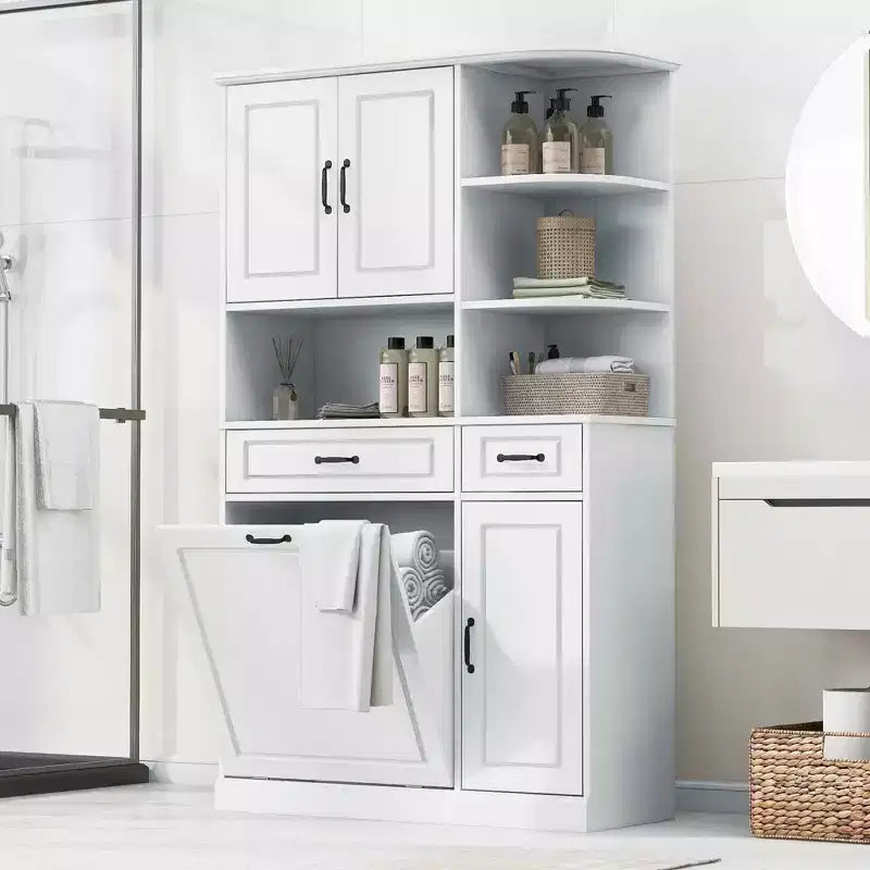 Armoire de rangement haute sur pied blanche Tiroirs Portes Étagères réglables Tiroir rabattable MDF
