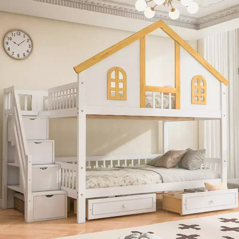 Lit superposé Whisen pour jumeaux avec porte fenêtre et toit, tiroirs de rangement et escalier