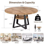 Table de salle à manger ronde pour 4 à 6 personnes, table de cuisine de 120 cm avec étagère de rangement, table à manger en bois avec base en métal pour salon, sans chaises