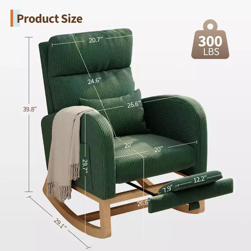 Fauteuil à bascule moderne avec oreiller et poches latérales, pour salon, chambre à coucher