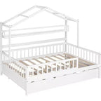 Acekool Lit cabane grandeur nature avec lit gigogne double, tiroirs de rangement et étagères, toit et clôture, lit plateforme pour enfants, blanc