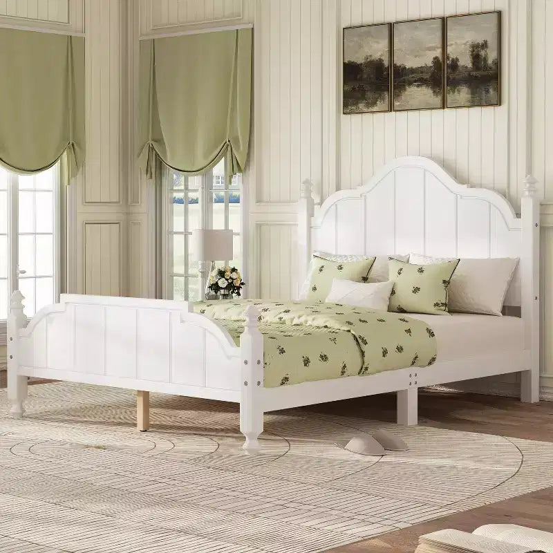 Cadre de lit plateforme Queen vintage - Pin massif, tête de lit en MDF, pas besoin de sommier