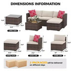 Ensemble de mobilier de patio 5 pièces, canapé d'angle en osier tout temps avec coussins antidérapants, ensemble de canapé d'extérieur en rotin avec pouf.