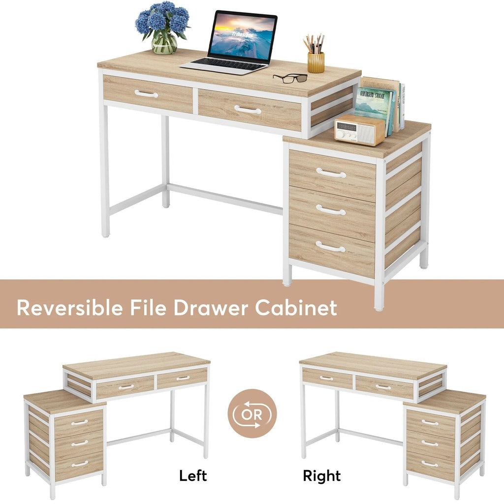 Bureau d'ordinateur réversible avec 5 tiroirs, bureau de travail à domicile avec caisson de rangement pour dossiers et support pour imprimante