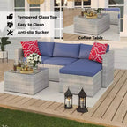 Ensemble de mobilier de patio 5 pièces, canapé d'angle en osier tout temps avec coussins antidérapants, ensemble de canapé d'extérieur en rotin avec pouf.