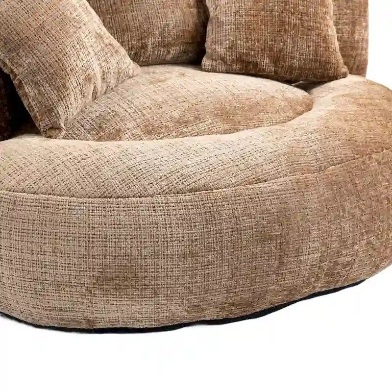 Fauteuil d'appoint rond surdimensionné avec haut dossier enveloppant, revêtement en chenille et 3 coussins