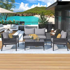 Ensemble de mobilier de patio 4 pièces, ensemble de conversation de jardin extérieur avec table en verre trempé, sièges profonds et coussins épais