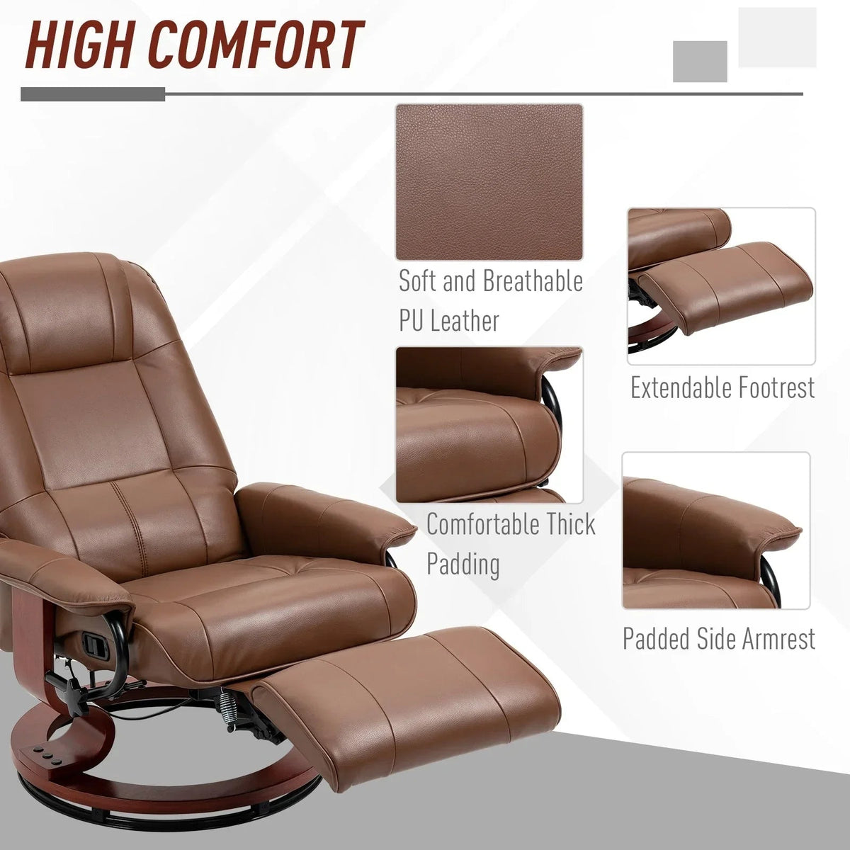 Fauteuil inclinable HomCom en similicuir avec base pivotante manuelle réglable et repose-pieds confortable et relaxant