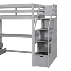 Lit mezzanine taille jumeau avec bureau et étagères, deux tiroirs intégrés, escalier de rangement
