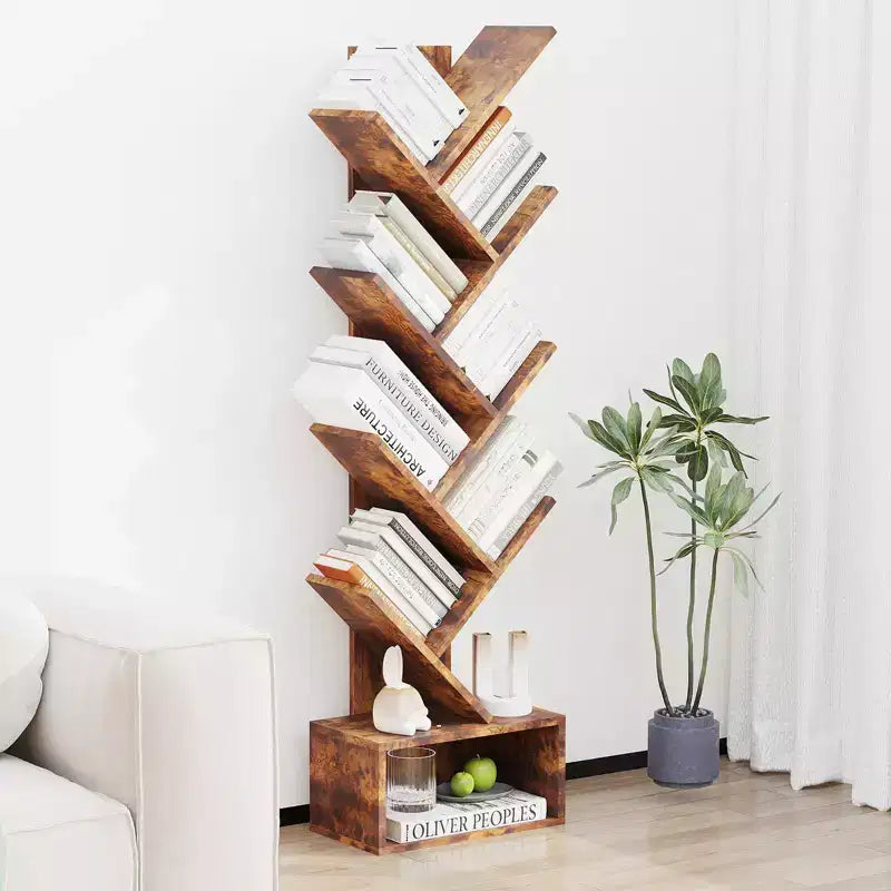 Étagère bibliothèque à 8 niveaux en forme d'arbre, style rustique, avec étagères ouvertes, idéale pour les salons, les chambres et les bureaux